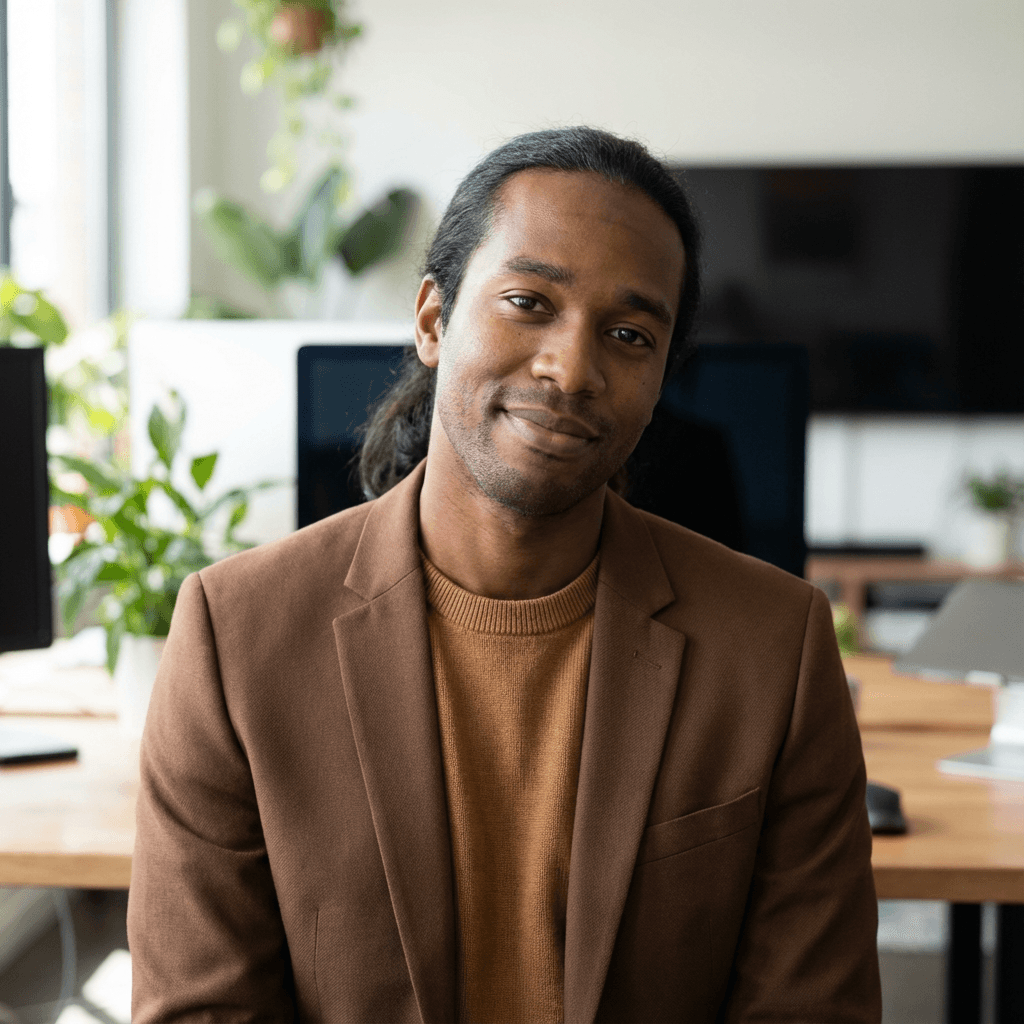 Devon Clarke, male business founder in his mid 30s, professional demeanor