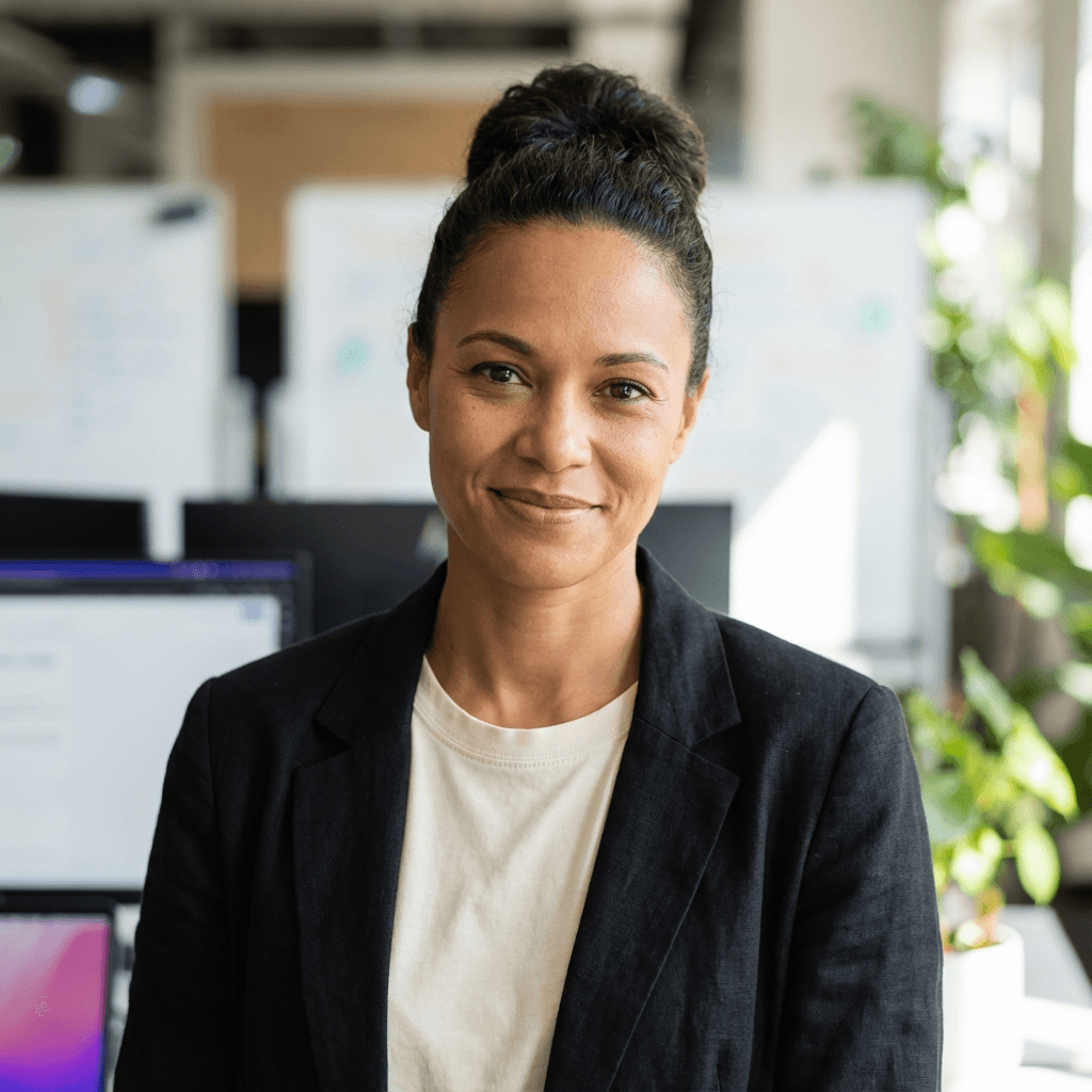 Sophie Tremblay in a navy suit in a law office