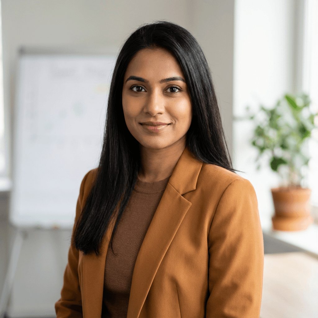 Priya Sharma, female accounting director in her early 40s, confident professional appearance