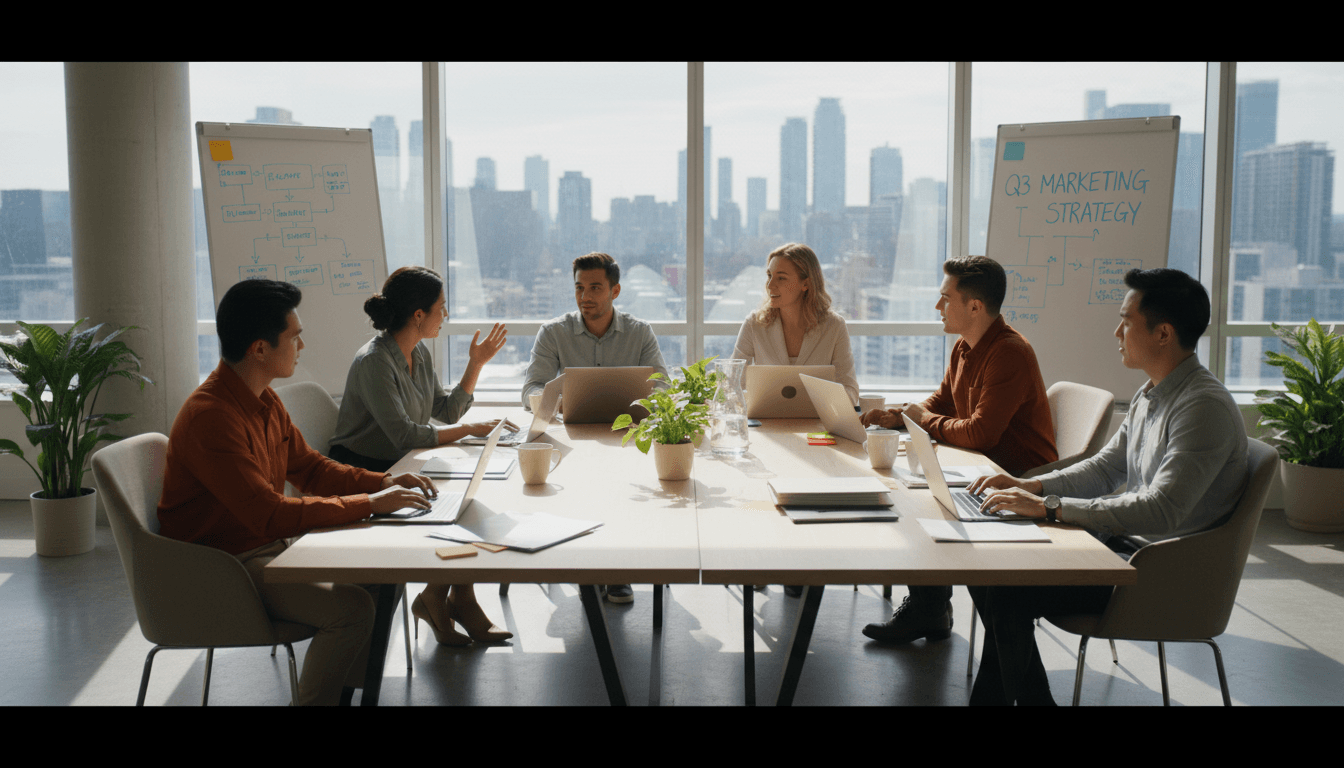 Marketing team collaborating around a table with laptops and strategy documents