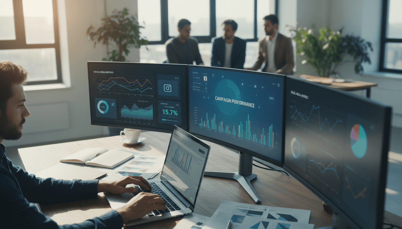 Marketing professional reviewing digital campaign analytics in a bright Toronto office