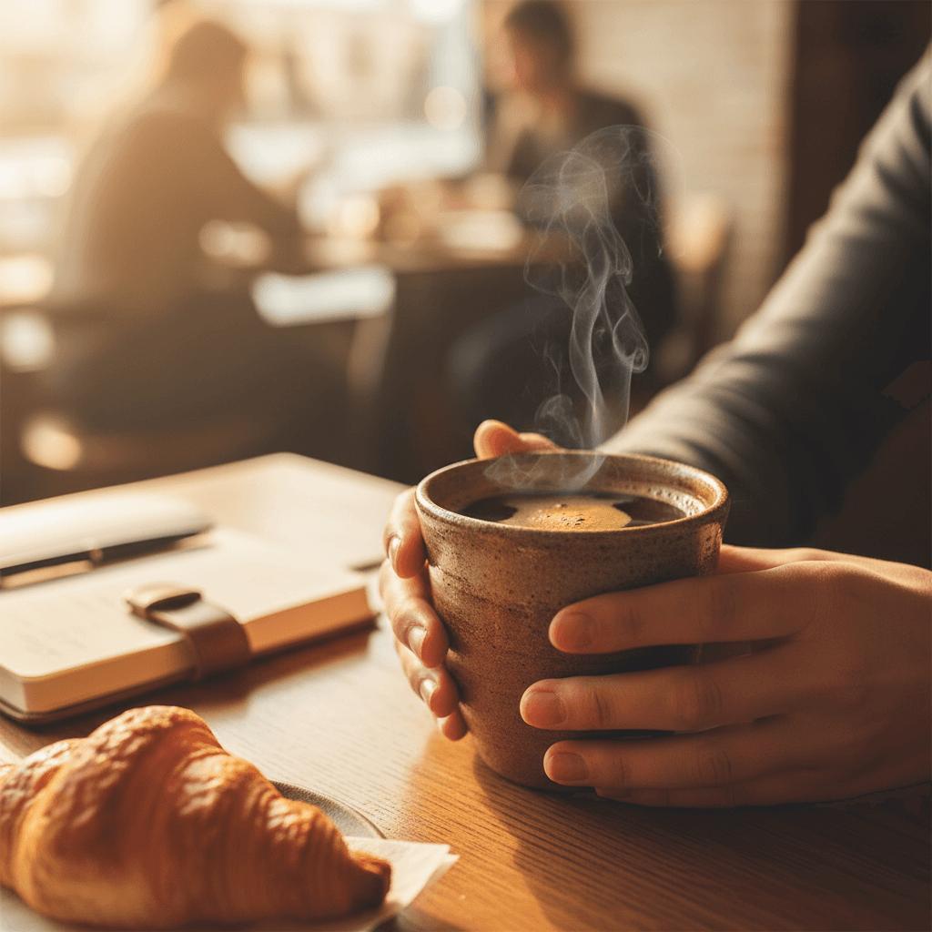 Coffee shop owner wiping counter in morning light