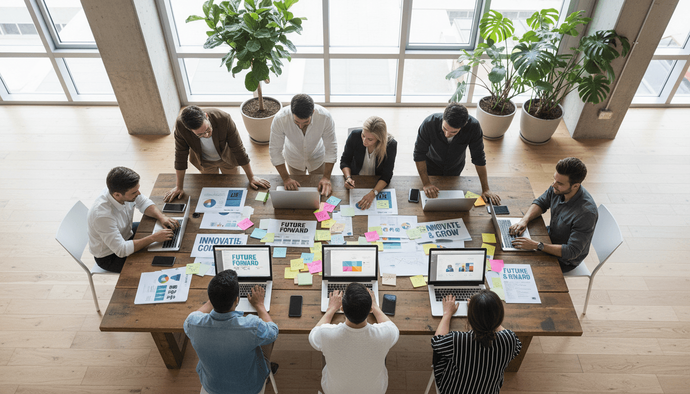 Marketing team collaborating around a laptop in a bright Toronto office