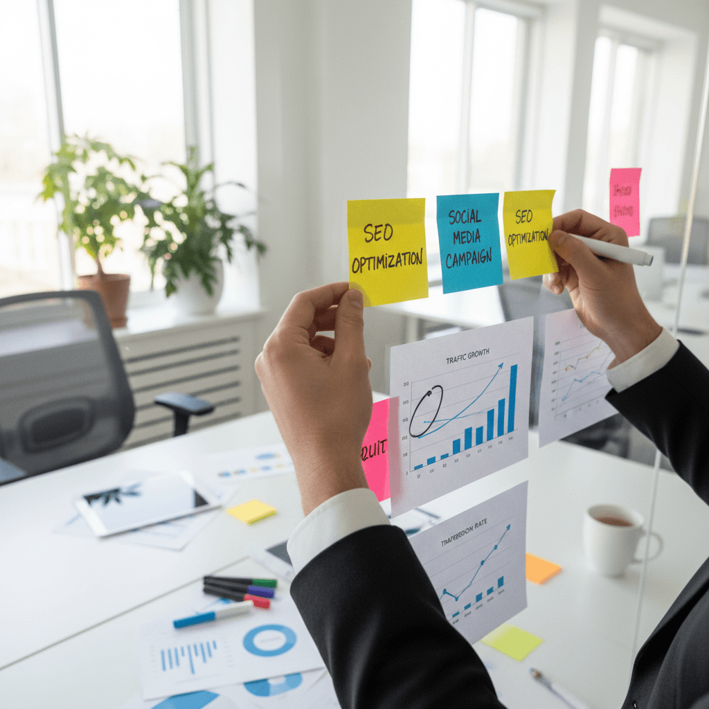 Digital marketing strategist planning a campaign at a glass whiteboard in a bright Toronto office